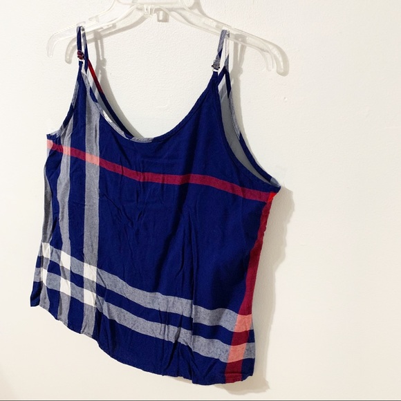 Amaryllis Plaid Cotton V-neck with Mesh Trim Sleeveless Blouse Adjustable Straps - Picture 4 of 10